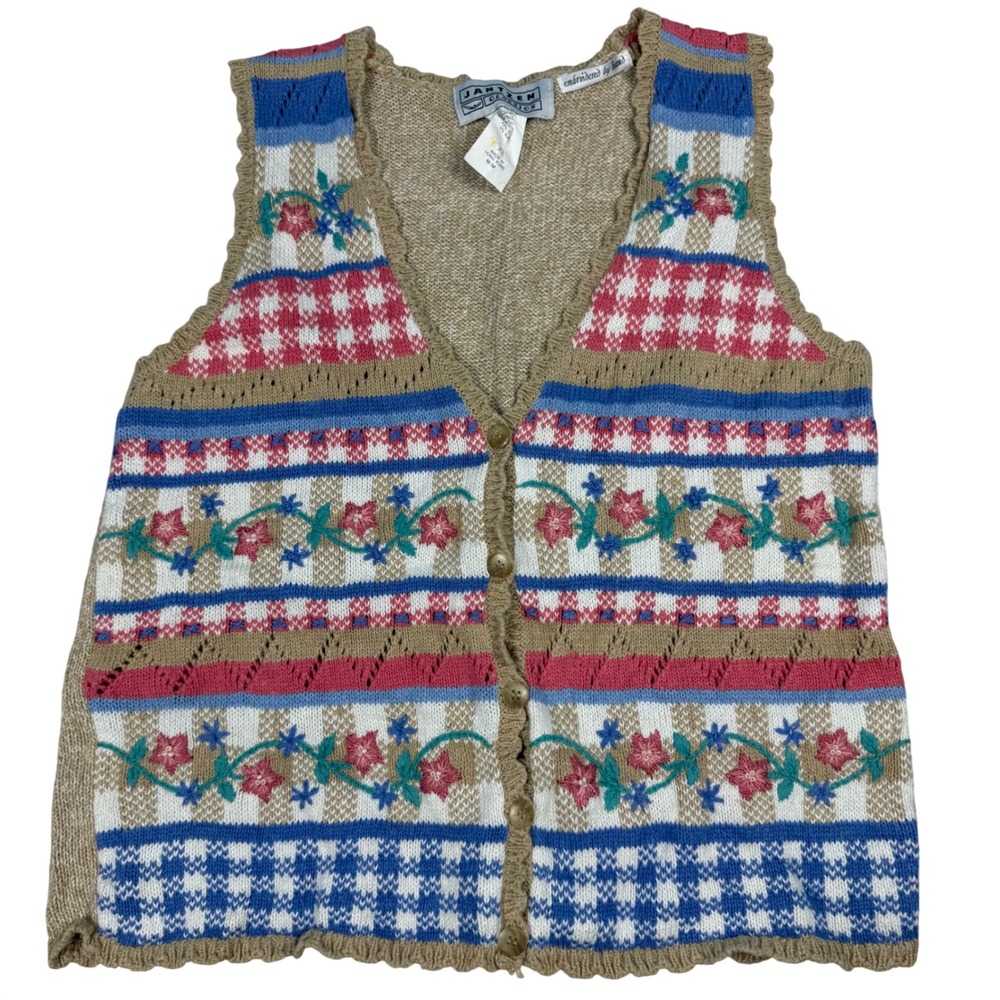 VTG Jantzen Classics Floral Knit Sweater Vest Gingham Cottagecore M Grannycore